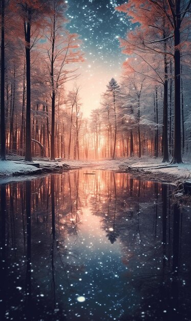 Photo a forest with snow on the ground and the sun shining on the trees