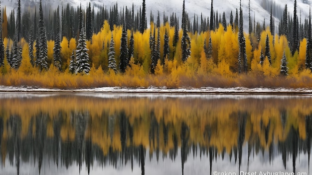 A forest with a snowy mountain in the background