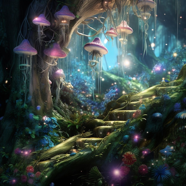 A forest with a staircase and mushrooms