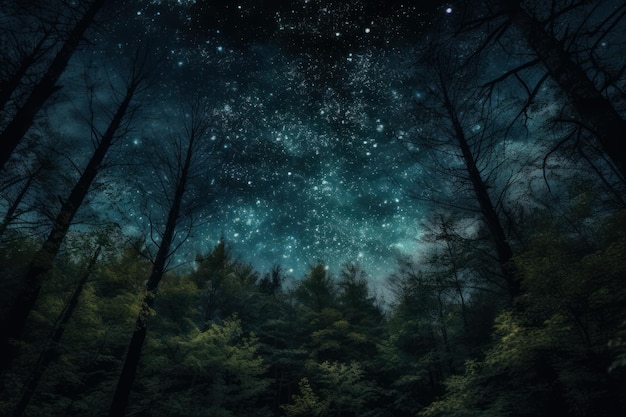 A forest with a starry sky and the stars above it