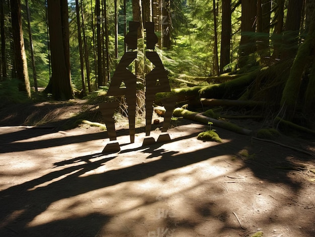 a forest with a statue and a shadow of a man on the ground