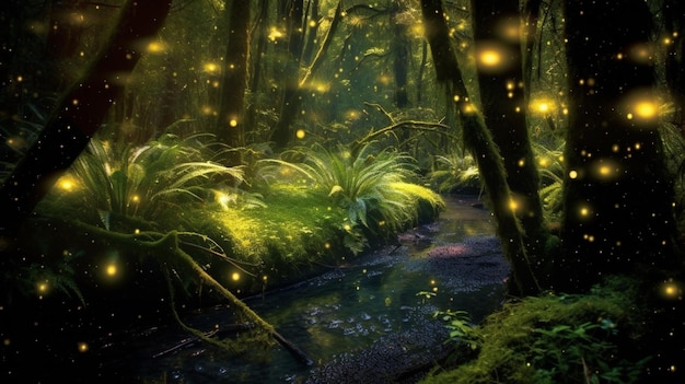 A forest with a stream and fireflies lit up in the sky