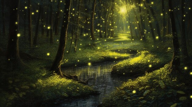 A forest with a stream and a firefly on it