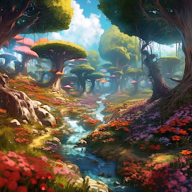 A forest with a stream and flowers