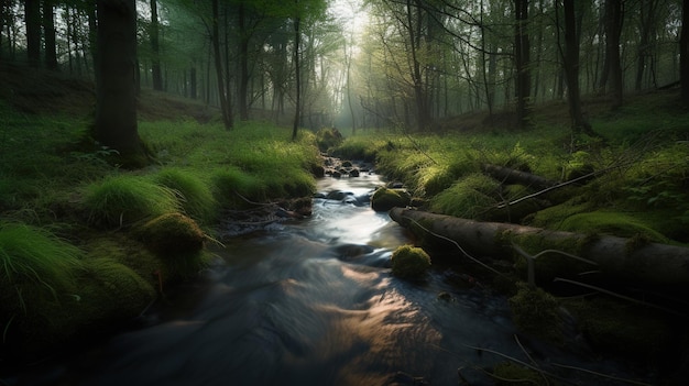 A forest with a stream and a green forest with the sun shining on it.