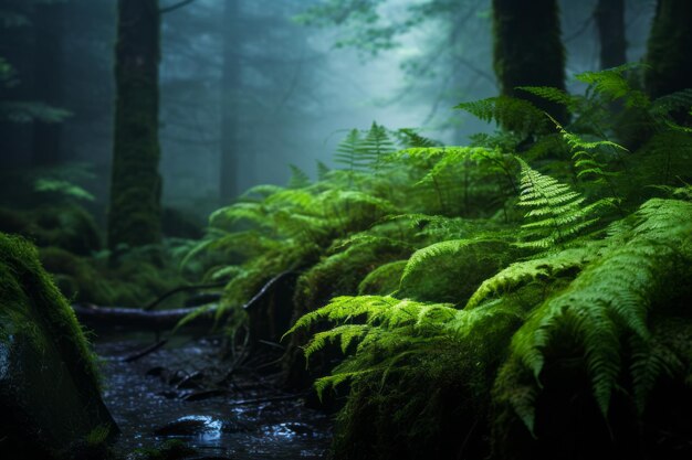 Лес с ручьем и большим количеством зеленых растений на земле Генеративный ИИ
