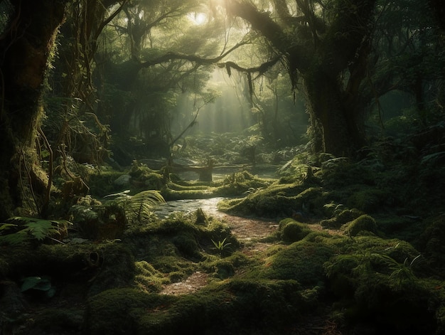 A forest with a stream and a mossy forest.