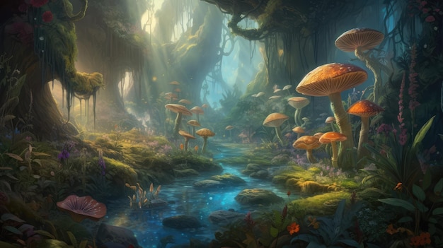 A forest with a stream and mushrooms