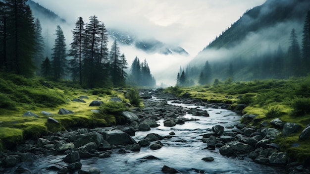 A forest with a stream running through it and fog