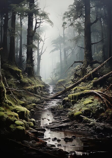 a forest with a stream running through it and a trail in the middle of the woods