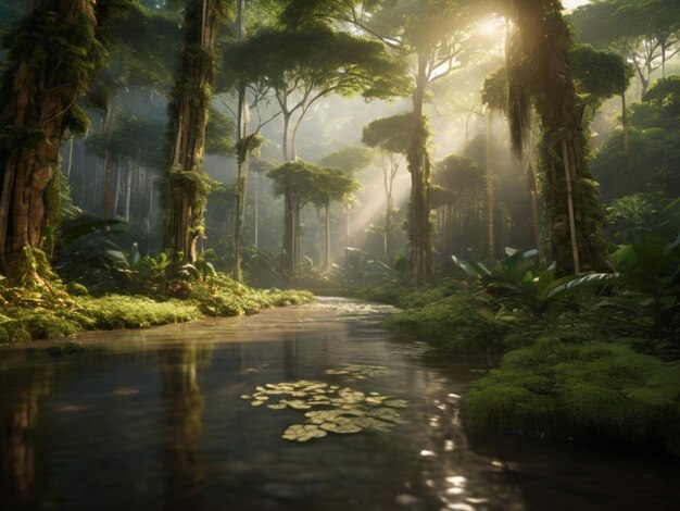 a forest with a stream running through it