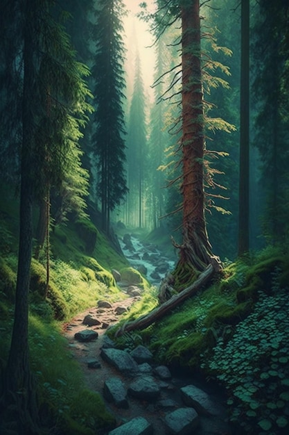 A forest with a stream running through it