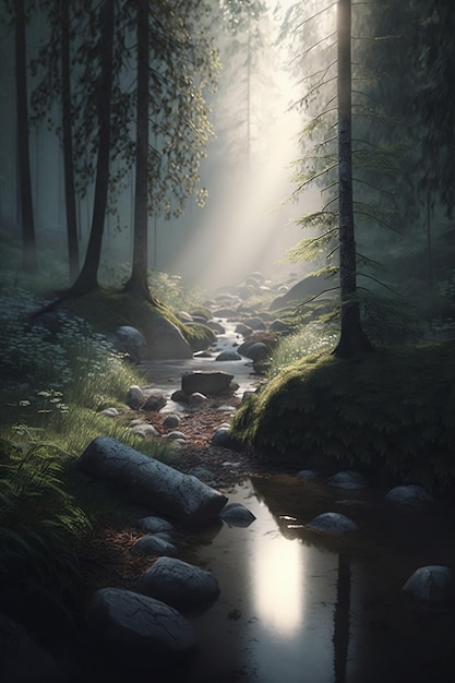 Forest with stream in soft light