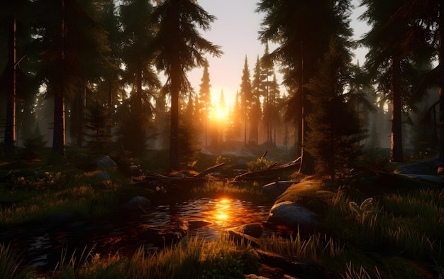 A forest with a stream and a sunset in the background