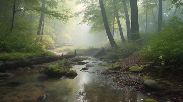 A forest with a stream and a tree in the background