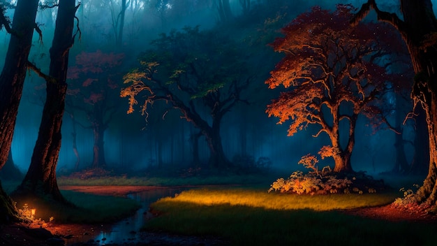 A forest with a stream and a tree with a light on it