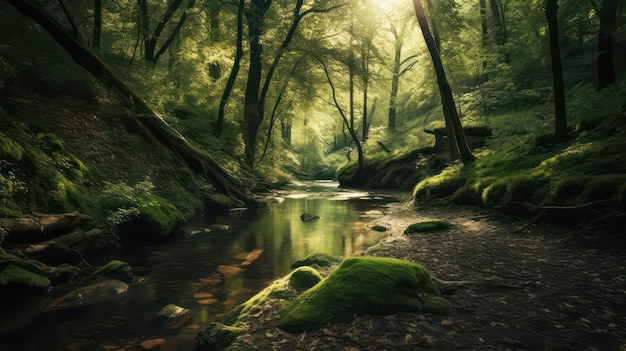 A forest with a stream and trees in the background