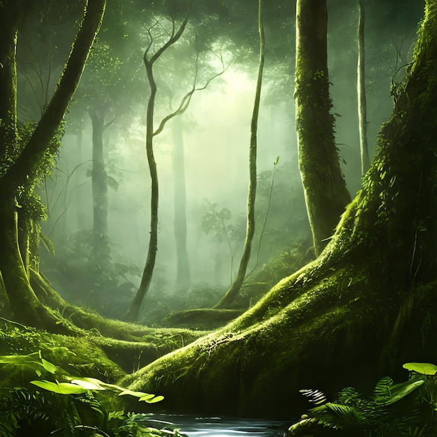A forest with a stream and trees in the background