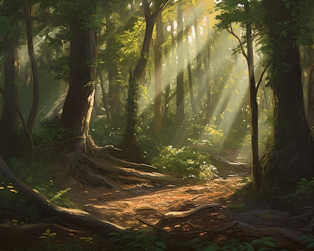 A forest with sun rays coming through the trees