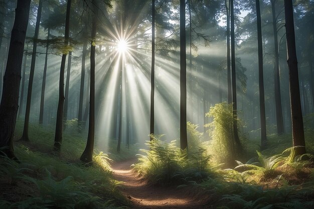 Photo a forest with sun rays shining through the trees