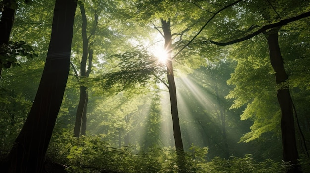 A forest with sun rays shining through the trees