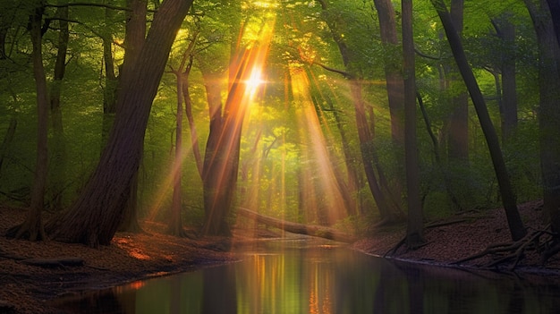 A forest with sun rays shining through the trees