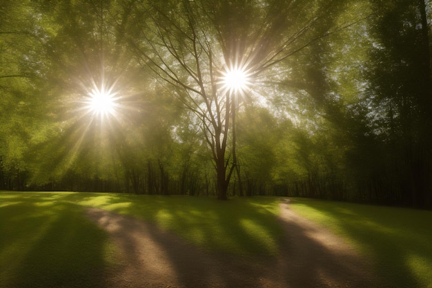 Foto una foresta con il sole che splende tra gli alberi