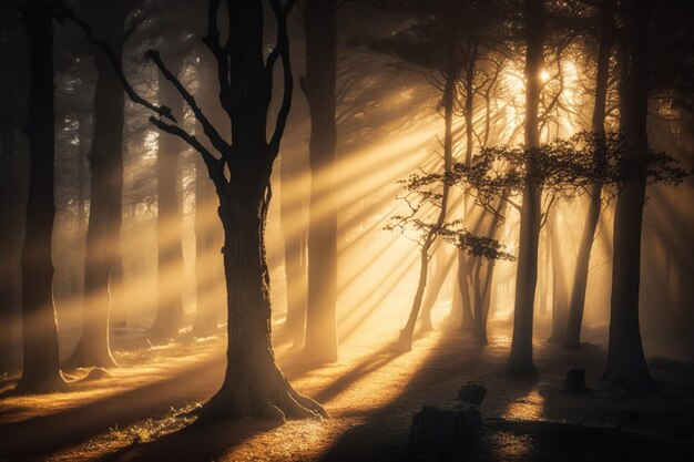 A forest with the sun shining through the trees