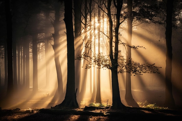 木々の間から太陽が差し込む森