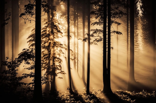 A forest with sun shining through the trees