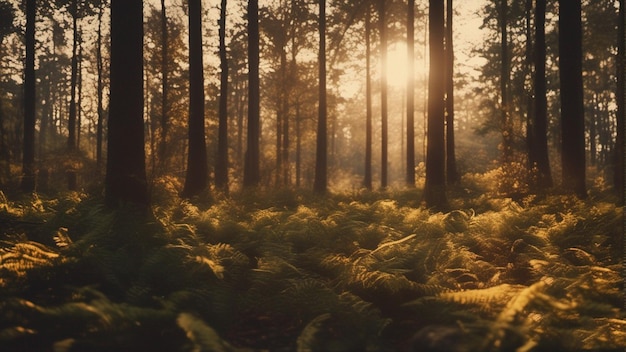 A forest with the sun shining through the trees