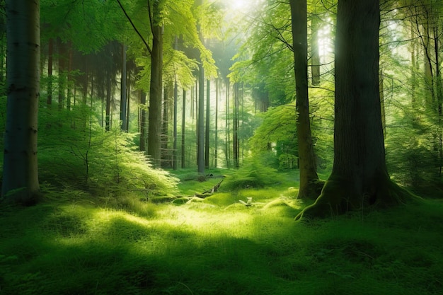 A forest with a sun shining through the trees