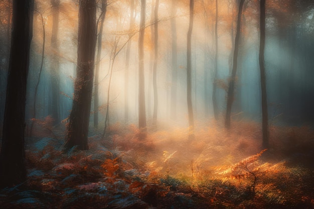 A forest with a sun shining through the trees