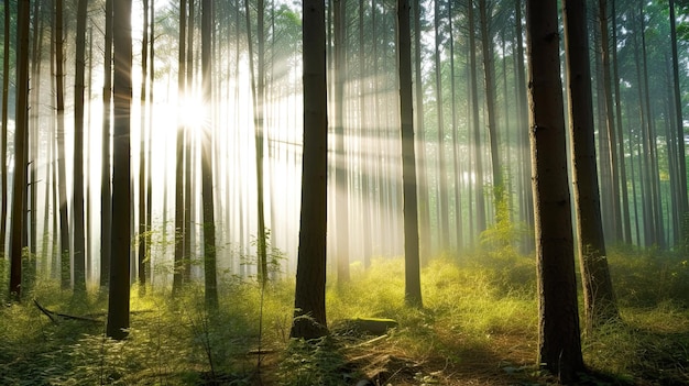 A forest with sun shining through the trees