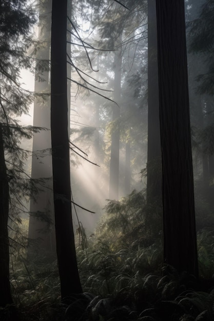 A forest with the sun shining through the trees