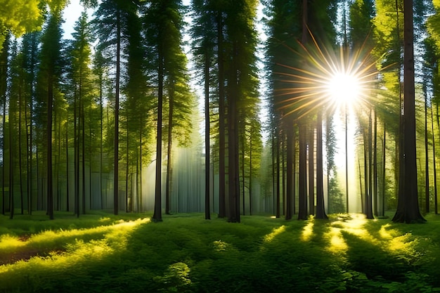 A forest with the sun shining through the trees