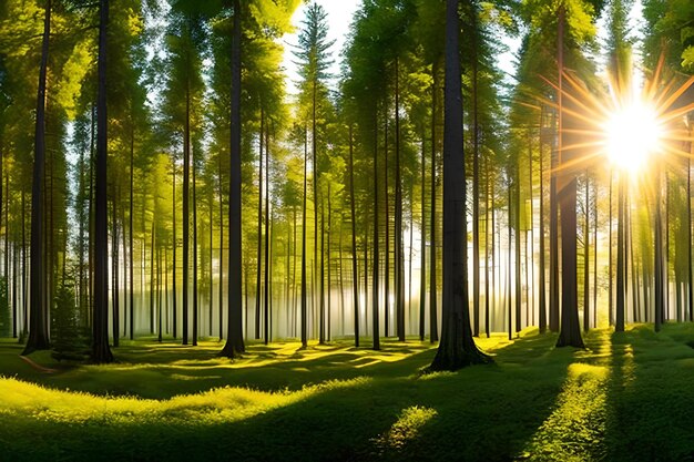 A forest with the sun shining through the trees
