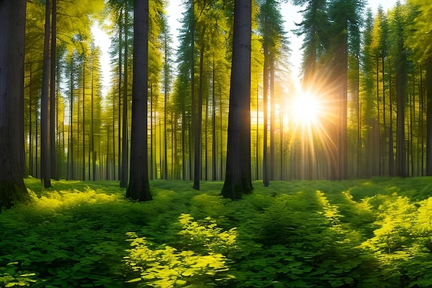 A forest with the sun shining through the trees