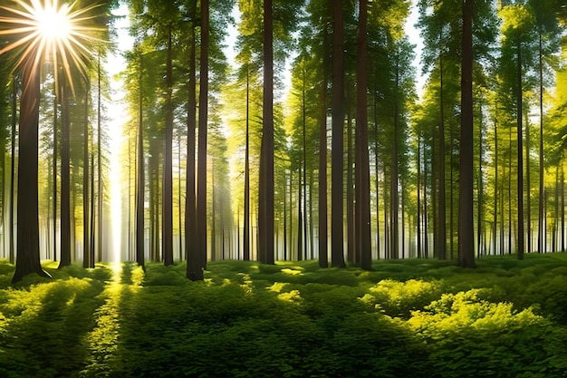木の中を太陽が照らす森