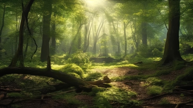 A forest with a sun shining through the trees