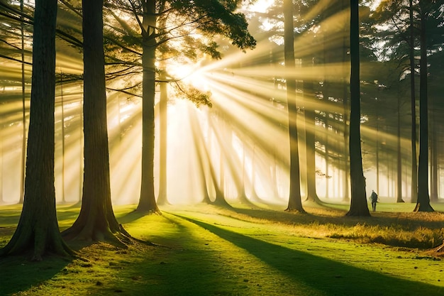 A forest with the sun shining through the trees