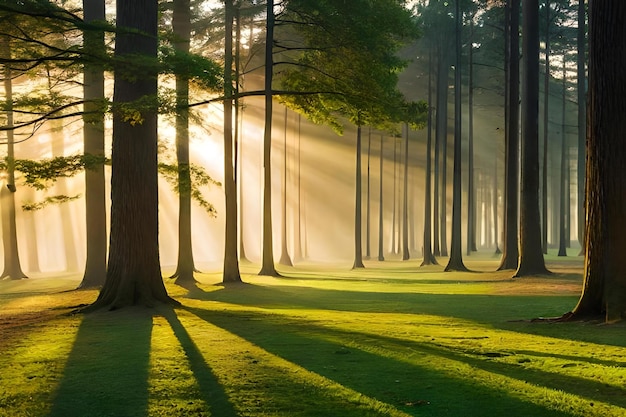 Лес с солнцем, сияющим сквозь деревья