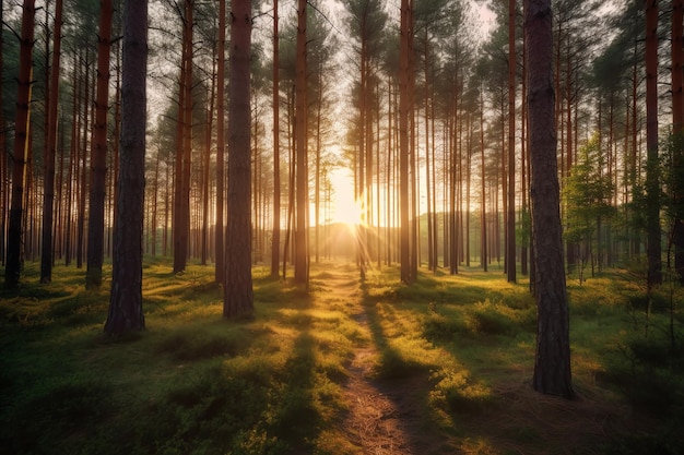 A forest with a sun shining through the trees