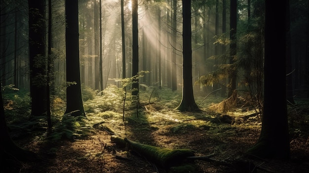 A forest with the sun shining through the trees