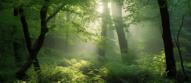 A forest with sun shining through the trees