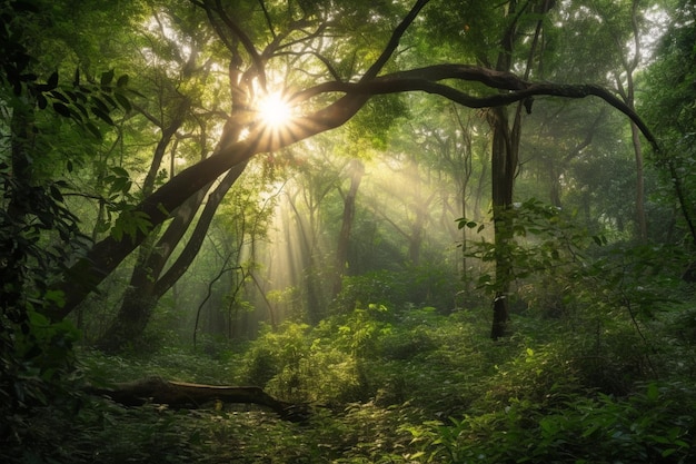 A forest with sun shining through the trees