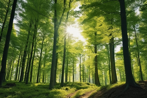 a forest with a sun shining through the trees