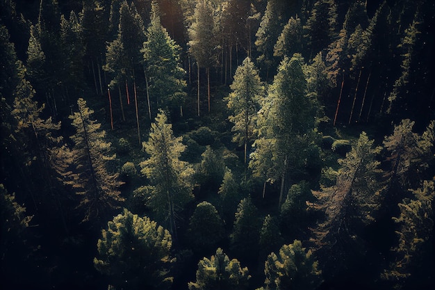 A forest with a sun shining on the top