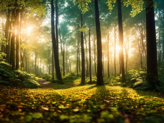 A forest with a sun shining on the trees