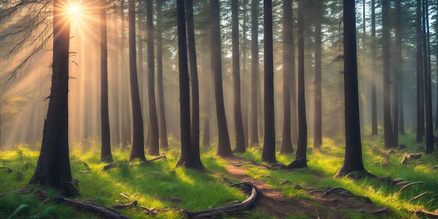 A forest with a sunburst in the background